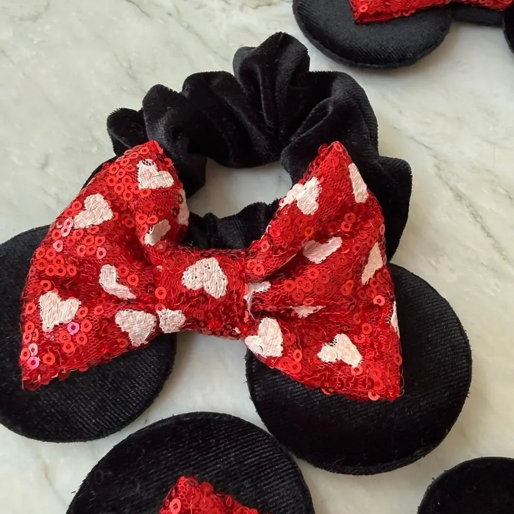Disney Mickey Minnie Mouse Hair Scrunchies Lot of 5 – Sequin Bows Ears